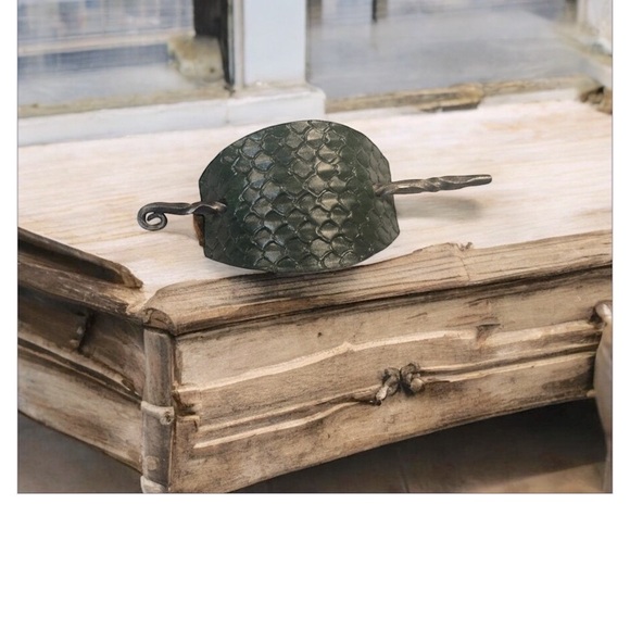 Dark Green Leather and Steel Textured Hair Barrette - Picture 1 of 3